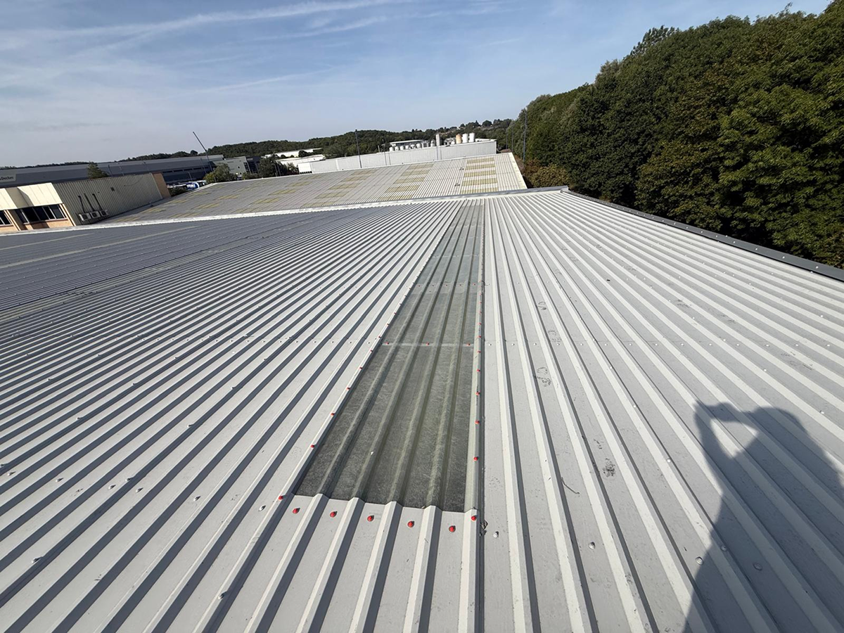 Newly installed grey profiled metal roof sheets with a translucent rooflight strip and coloured fixing caps along the edge